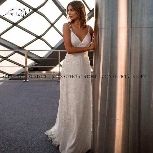 ADLN Spaghetti Straps Sparkly Wedding Dresses Sexy Backless Bridal Gown Beaded Vestido de Novia Beach Bride Dress 2021
