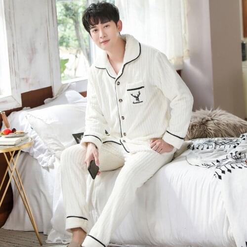 Plus Size 3XL White Nightwear Long Sleeve Winter Thicken Warm Flannel Pajamas Sets Soft Sleepwear Long Pant Male Men Pajamas Set