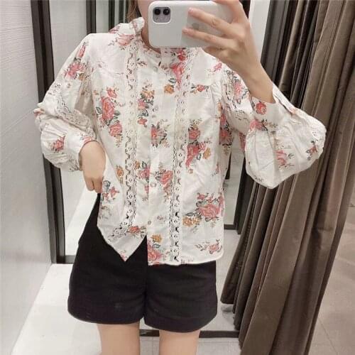 Floral Print Blouse Women Printting Lace O Neck Long Puff Sleeve Button Loose Shirt Lady Pringted Casual Autumn Vintage Shirts