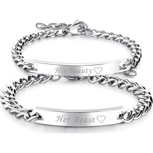 BONISKISS New Fashion Lovers' Bracelets "His Beauty""Her Beast" Charm Customize For Couple Stainless Steel Bijoux Jewelry Bangle