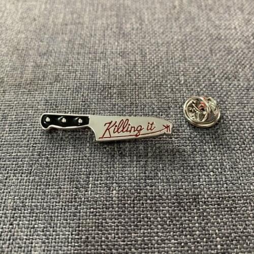 Black, Red, and Silver \Killing It\ Knife Pun Lapel Pin Enamel Pins