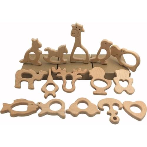 5pcs beech baby teeth toy Food grade animal shaped wooden toy blank teether