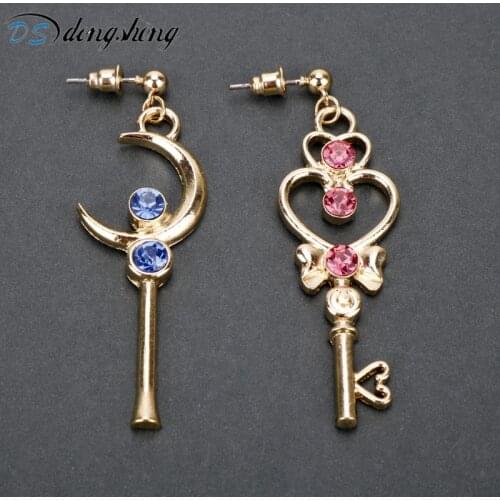 Dongsheng Cute Fashion Womens Earring Anime Space-Time Red Blue Crystal Moon Heart Magic Wand Key Shape Earrings