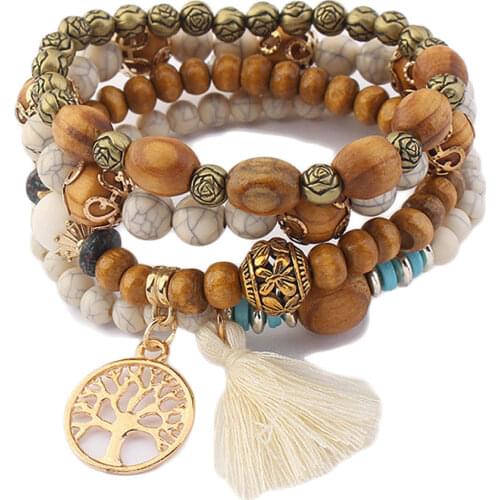 2019 Cute Wood Bead Bohemia Elastic Charms Bracelets & Bangles Wooden Beads Bracelet Multilayers Pulseras Women