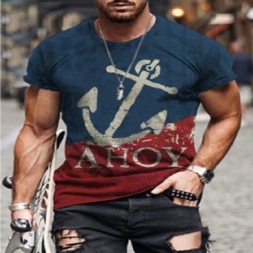 Anchor printed T-shirt mens oversized retro short-sleeved fashion O-neck shirt street style summer new style 2021