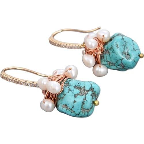 GG Jewelry Green Turquoise White Pearl Drop Earrings In Yellow Gold Plated