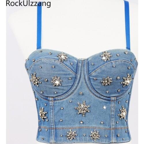 Crystal Rhinestone Diamond Denim Plus Size Bodycon Push Up Bra Strap Cami Corset Padded Waistcoat Bustier Backless Crop Top Jean