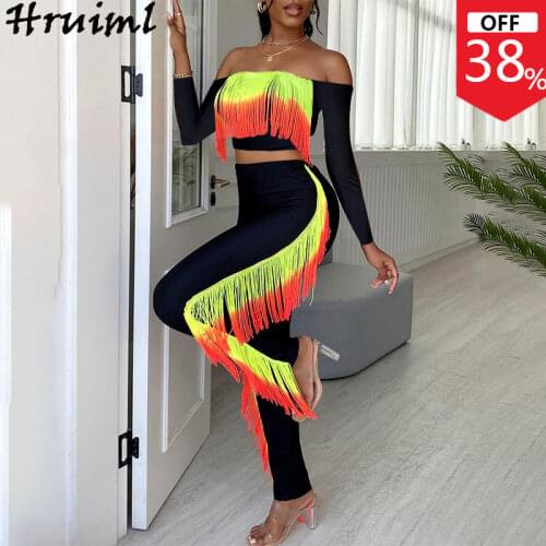 Cheap Wholesale Items for Business Pants Sets Off Shoulder Tops Long Sleeve Tassel Patchwork Pants Two Piece Set Fashion 2 Piece