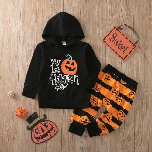 2Pcs Clothes Sets Toddler Baby Boys Halloween Pumpkin Printed Hoodie Tops+Striped Pants Outfits Halloween Costumes For Kids Baby