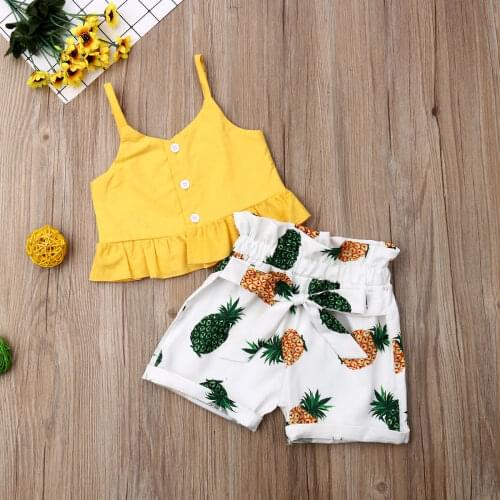 Summer New Clothes Sets Girls Ruffles Sleeveless Yellow Tops Kid T-Shirt Pineapple Baby Girl Short Pants Outfit Clothes