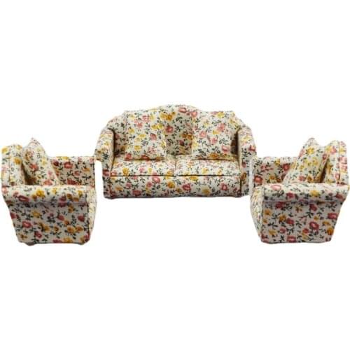 Mini Dollhouse Sofa, 1/12 Miniature Floral Sofas 3-Piece Sofa Set with 4 Pillows Dollhouse Furniture for Home Bedroom
