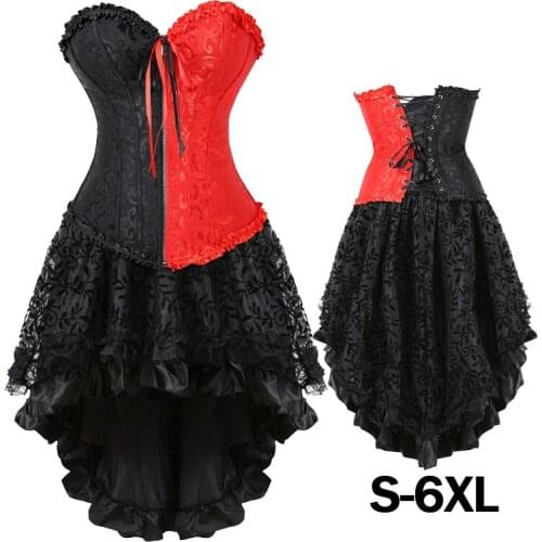 Fashion Gothic Floral Lace up Corset Dress Steampunk Clubwear Lingerie Plus Size Costume Corset and bustier Skirt Women Set