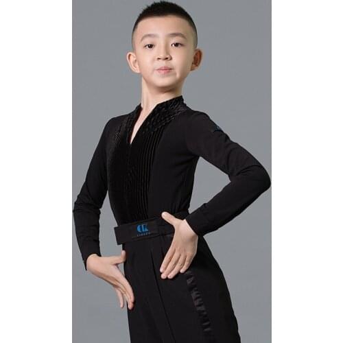 Fashion Latin Dance Costumes For Boys Black Long Sleeve Stitching Velvet Shirts Ballroom Chacha Latin Practice Dance Wear DN7118