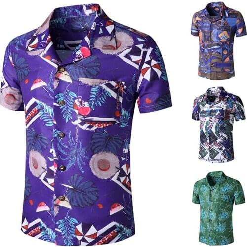 Mens Short Sleeved Shirt Turn Down Collar Loose Beach Hawaiian Cardigan Shirt With Print Casual Single-Breasted Slim Type Tops
