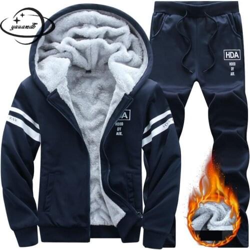 Yauamdb Men Set Autumn Winter Size M-4xl Male Hooded 2pcs Suit Cashmere Jacket+Pants Print Warm Sportswear Outfit Clothes Y53