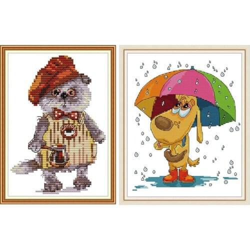 Joy Sunday Animal Series of Cross Stitch Printed Canvas Embroidery Kits 14CT Fabric Counted DIY Needlework DMC Threads Crafts