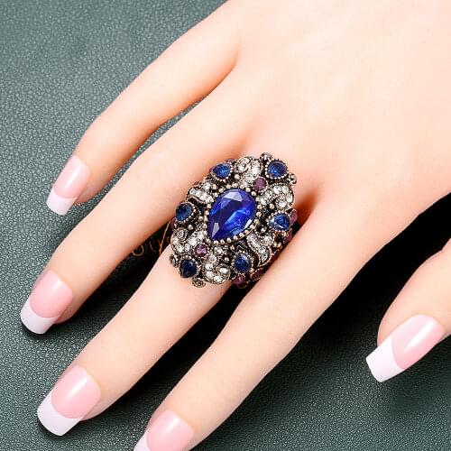 Chunky New Deep Blue Crystal RHinestone Antiqued Gold Color Statement Rings for Women Men Vintage Jewelry