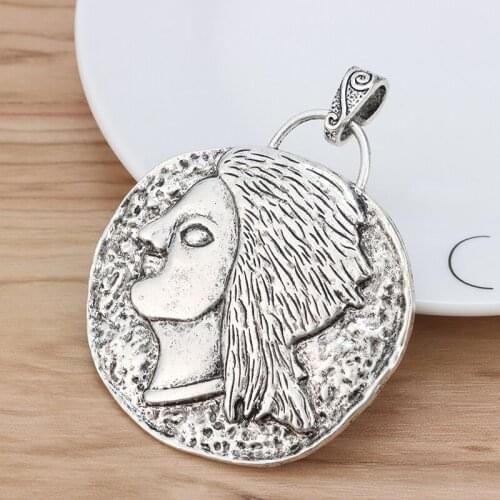 2 Pieces Large Hammered Carved Goddess Round Tibetan Silver Charms Pendants for Necklace Jewelry Making 69x65mm