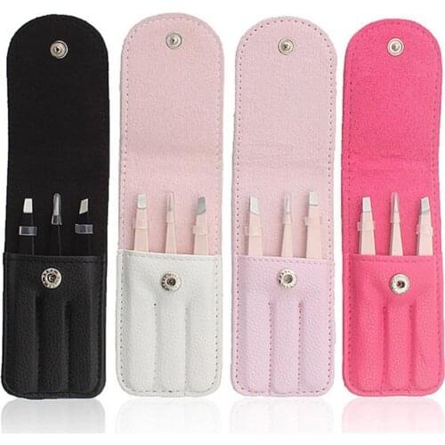 3PCS/SET Professional Eyebrow Tweezers Stainless Steel Point Tip/Slant Tip/Flat Tip Hair Removal Makeup Tool Kit with Bag TSLM1
