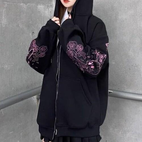 YiYiMiYu Punk Graphic Print Zipper Hooded Hoodie Vintage Black Oversize Coat Sweatshirt 90s Streetwear Clothe Vintage Jacket Top