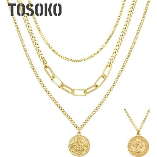 TOSOKO Stainless Steel Jewelry Double Sided Portrait Pendant Multi-Layer Necklace Womens Fashion Clavicle Chain BSP061