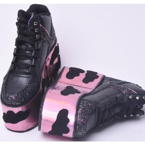 Spring Girls Black White Cloud Bling Rhinestone Star Thick Sole Platform Shoes Woman Round Toe Lace Up High Top Casual Sneakers