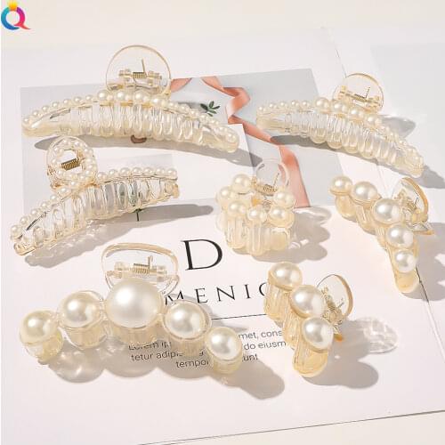 Pearl Hair Clips White Hair Claw Clamps Crystal Hair Claw Clip Non Slip Clips Styling Hair Accessories for Women and Girls