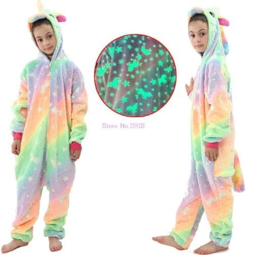 Girl Glow in the Dark Unicorn Oneise Kids Pyjama Adult Hooded Kigurumi Pajama Jumpsuit Rainbow Unicorn Kigurumi Pajamas
