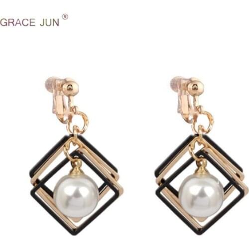 GRACE JUN New Vintage Style Geometric Square Clip on Earrings No Pierced for Women Party Wedding Charm Earrings Needn't Ear Hole