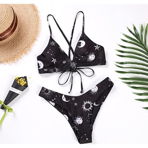 40# Women Sun And Moon Print Bikini Push Up Tankini Sets Plus Size Beachwear Swimsuit High Waist Swimwear Купальник Женский