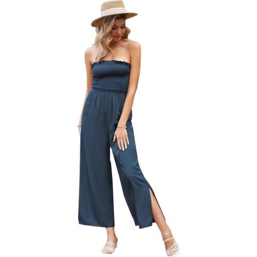 Womens Sexy Off Shoulder Solid Color Wide Leg Pants Side Slit Casual Jumpsuit