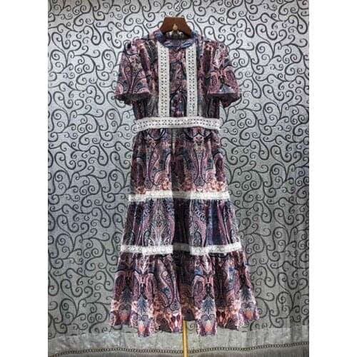 Top Quality Cotton Dress 2021 Summer Women Vintage Print Lace Patchwork Short Sleeve Mid-Calf Length Casual Party Tunic Dress