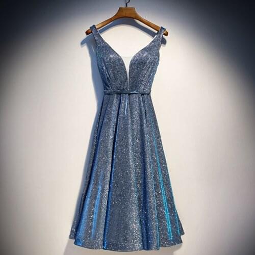 2020 Luxury Silver Blue Long Sequin Evening Dress V Neck Cheap Evening Gowns Sleeveless Prom Party Formal Dresses Wear Sashes