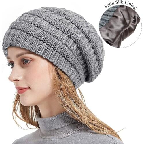 Winter Knit Beanie Hats for Women Silk Satin Lined Chunky Cap Soft Stretch Cable Knit Warm Slouchy Beanie Hat