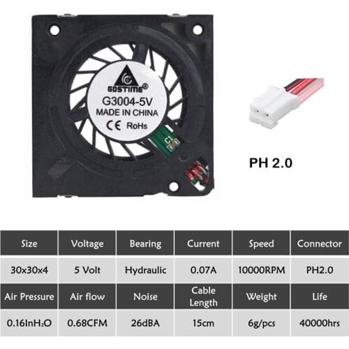 10PCS Gdstime 5V 3CM 3004 30mmX30mmX4mm Hydraulic Blower 30x30x4mm 30mm 0.07A Mini DC 2P Cooling Fan