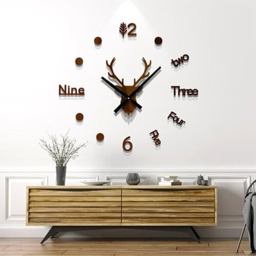 3D Mirror Wall Clock Three-dimensional Modern Design Deer Head Quartz Watch Clocks Wall Home Decor Decorative Wall Clock Sticker