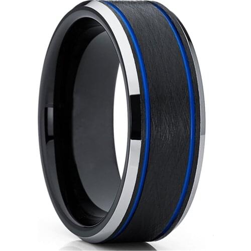 8mm Womens Mens Black Blue Tungsten Carbide Ring Wedding Band Double Grooved Brushed Finish Comfort Fit Jewelry
