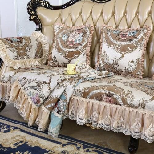 American Dense Non Slip Sofa Cover 1/2/3/4 Seater Jacquard Lace Leather Couch Slipcover Luxury Floral Armchair Recliner Cover