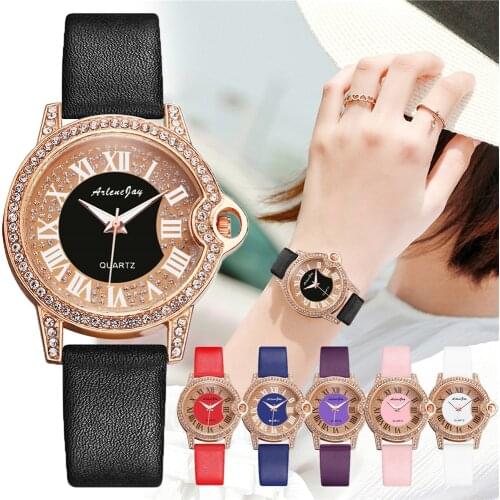 Luxury Rhinestone Roma Numerals Women Watch Female Leather Strap Quartz Wristwatches Zegarek Damski
