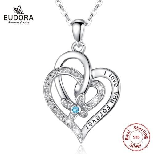 EUDORA NEW 925 Sterling Silver Blue Crystal flower Pendant heart Necklace I Love YOU Forever Jewelry for girl Birthday Gift D577