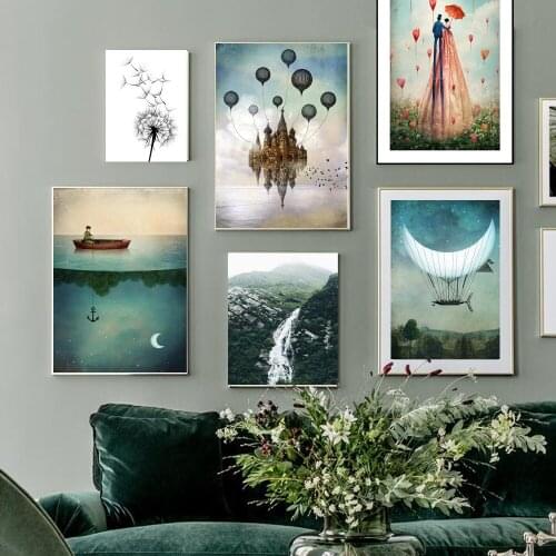Moon Waterfall Picture Scandinavian Poster Nordic Style Print Nature Scenery Wall Art Canvas Painting Modern Room Decor