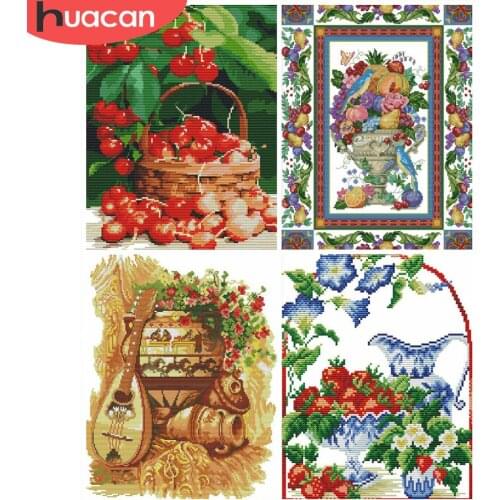 HUACAN Embroidery Fruit Sets White Canvas Cross Stitch Food Kits Needlework 11CT 14CT DIY Gift Home Decoration