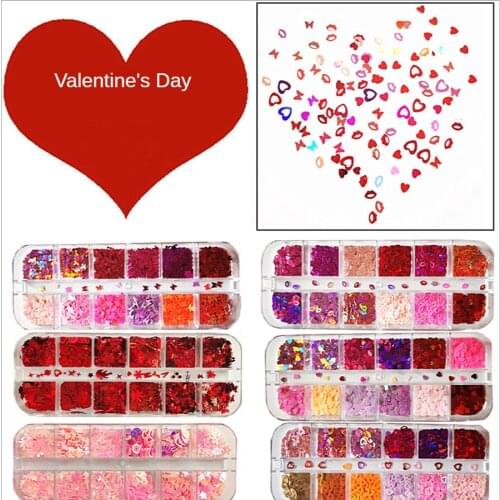 Valentine Day Red Set Nail Art Glittering Sequins Romantic Kiss Red Love Nail Sticker UV Gel Polish Nail Art Accessories QRJ01