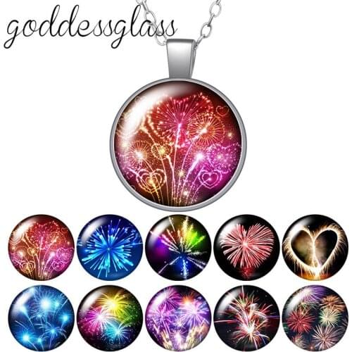 Colorful Fireworks celebrate festival Round Glass glass cabochon silver plated/Crystal pendant necklace jewelry for Gift