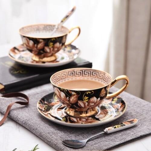 Creative Coffee Cup Saucers Black Magnolia European Bone China Tea Set Afternoon Party Drink Home Drinkware Gifts