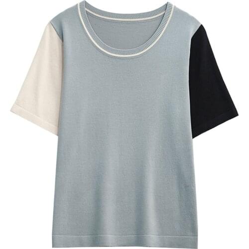 M-4XL women plus size women Summer thin sweater pullover 2021 short sleeve o neck Patchwork casual loose sueters de mujer