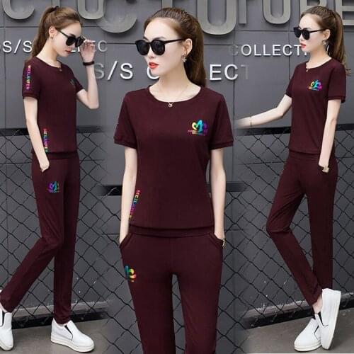 2020 NEW Round neck print casual sportswear two-piece womens short-sleeved shirt + trousers loose cotton sets m-4XL L888