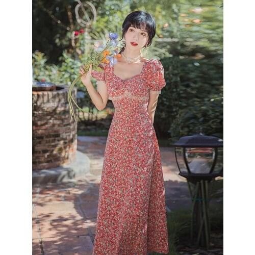 Summer New Style Womens British Style Square Neck Puff Sleeve Mid-Length Dress Retro Literary Pastoral Girl Style Floral Dress