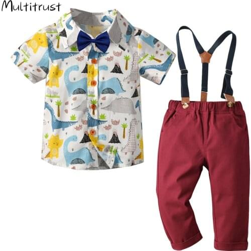 2020 Autumn Toddler Boys Clothes Set Dinosaur Print Shirt + Suspender Pants 2pcs Gentleman Summer Outfit Suits 1-6Y