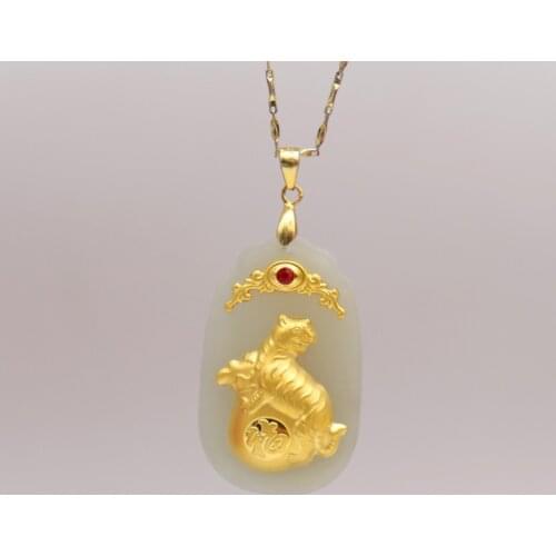 New Design Men Women Necklace Hetian Jade 24k Gold Lucky Tiger Fine Pendants Male Female Femme Unisex Jewelry